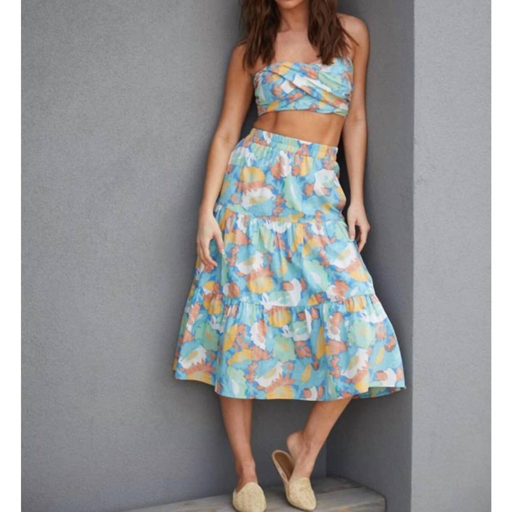 NEW LENA alyssa floral twisted tube top midi skirt set in blue/ green/ yellow